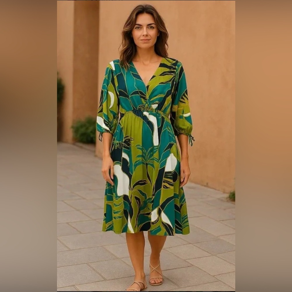 Elie Tahari Green and Blue Wrap Midi Dress with V-Neck